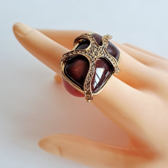 New Angelique de Paris Gold Plated Red Brown Tigereye Cage Ring Size 7 - Picture 15 of 16